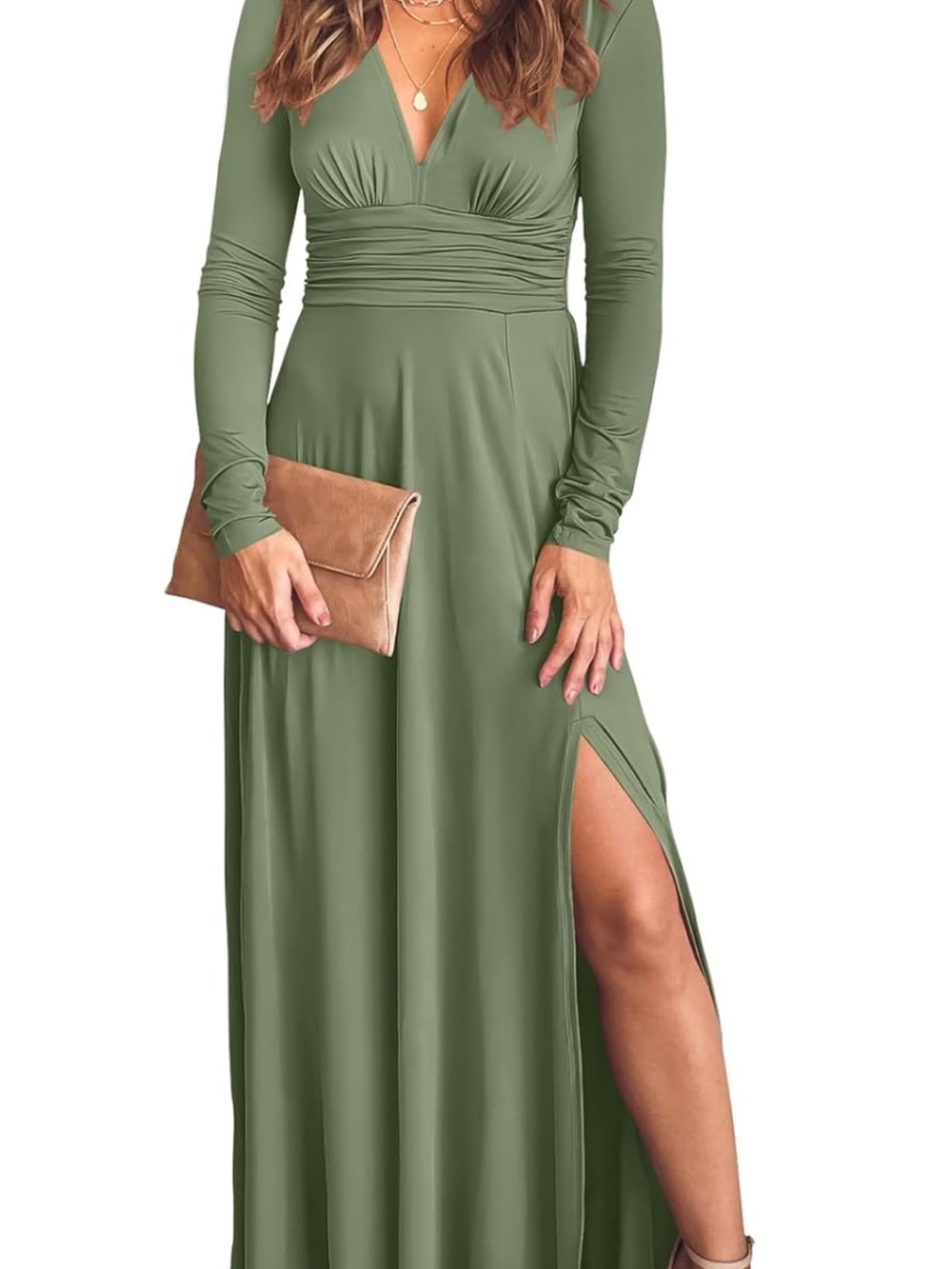 Long Sleeve V-Neck Olive Green Maxi Dress with Side Slit